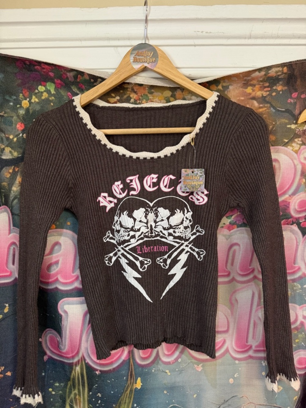 Skull Lightning Ribbed Long Sleeve Top - Brown with Pink & White